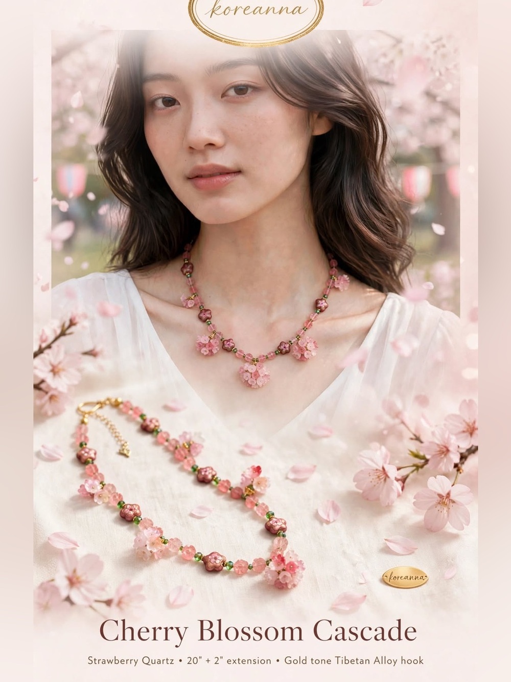 Artisan Cherry Blossom Cascade Strawberry Quartz & Glass Necklace collab (1)